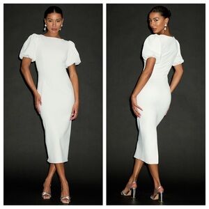 Lulus Simply Beloved White Puff Sleeve Bodycon Midi Dress